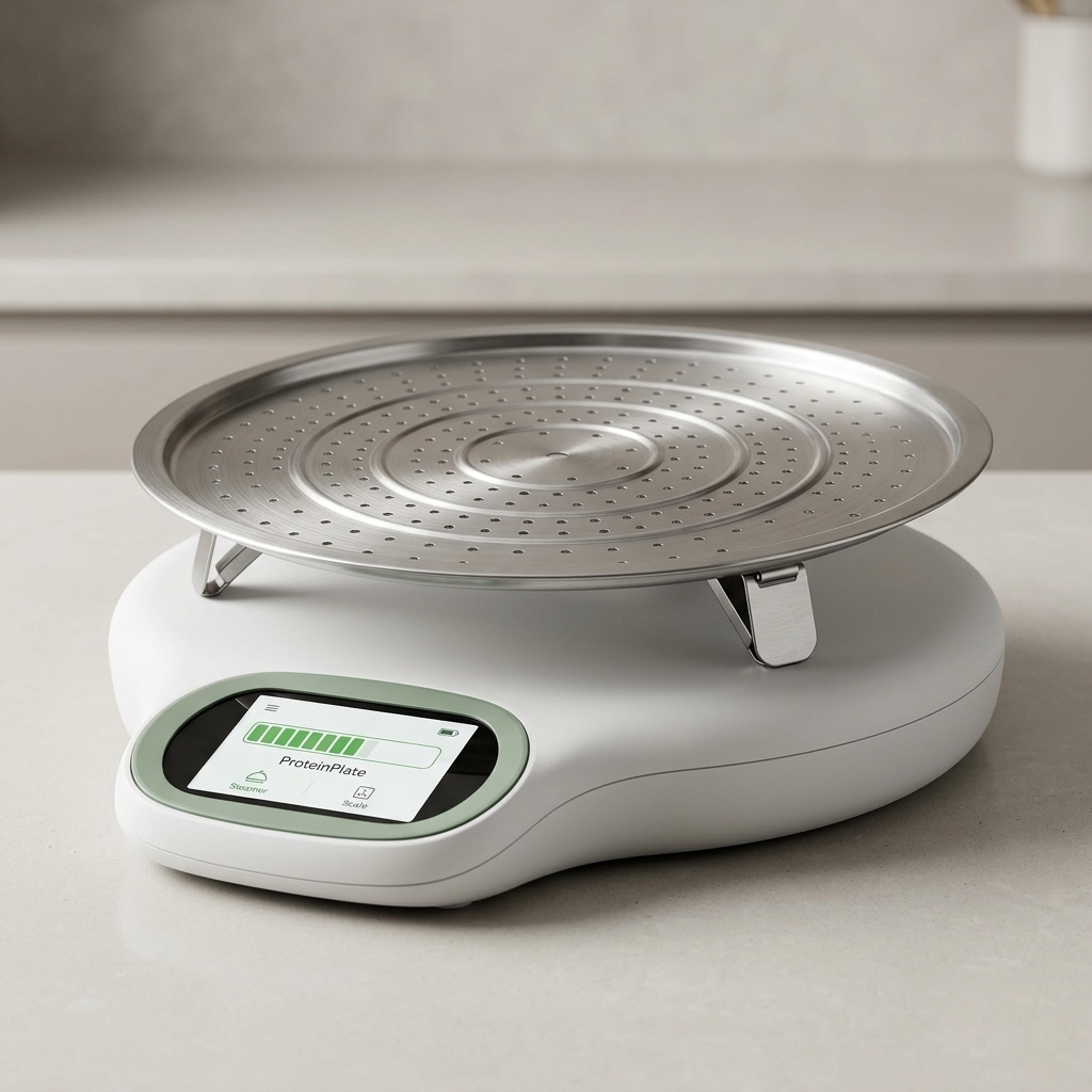 ProteinPlate concept: a stainless steamer plate with folding feet on a scale base with a guided-portion touchscreen
